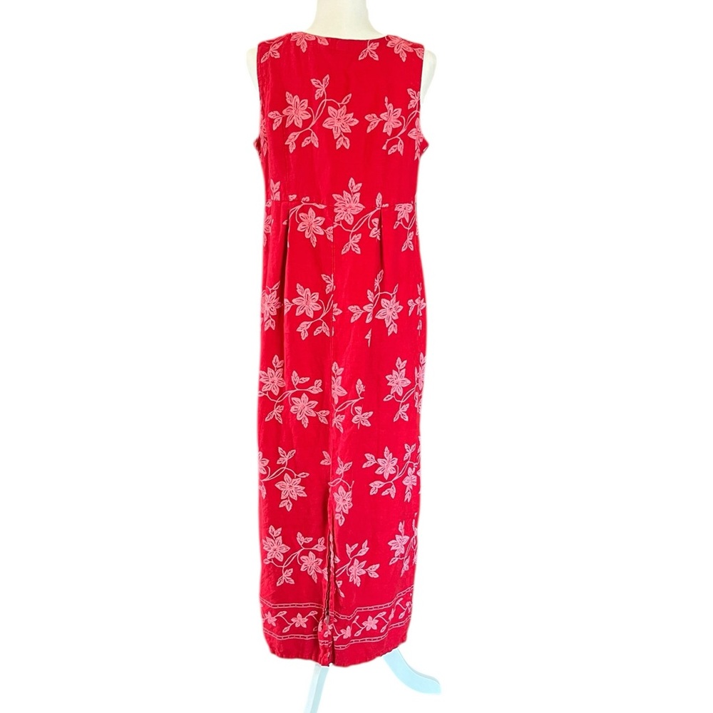 Vintage Heaven 100% Linen Maxi Dress Red Floral Hawaiian Sleeveless Women Medium - Picture 2 of 8